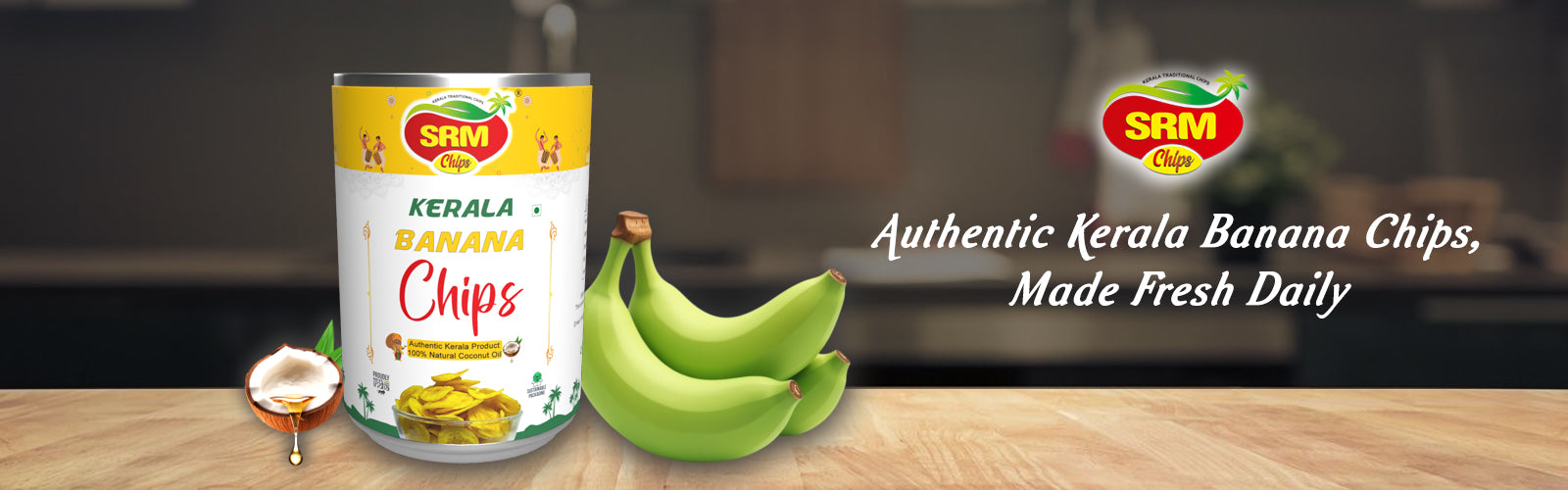 Traditional Kerala banana chips made from Nendran bananas and coconut oil by SRM Chips